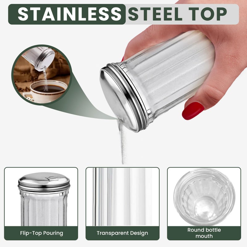 Great Credentials Retro Style Sugar Dispenser Pourer Shaker, Glass Jar with Stainless Steel Pour-Flap Lid, 12 oz, Set of 2 - Image 2